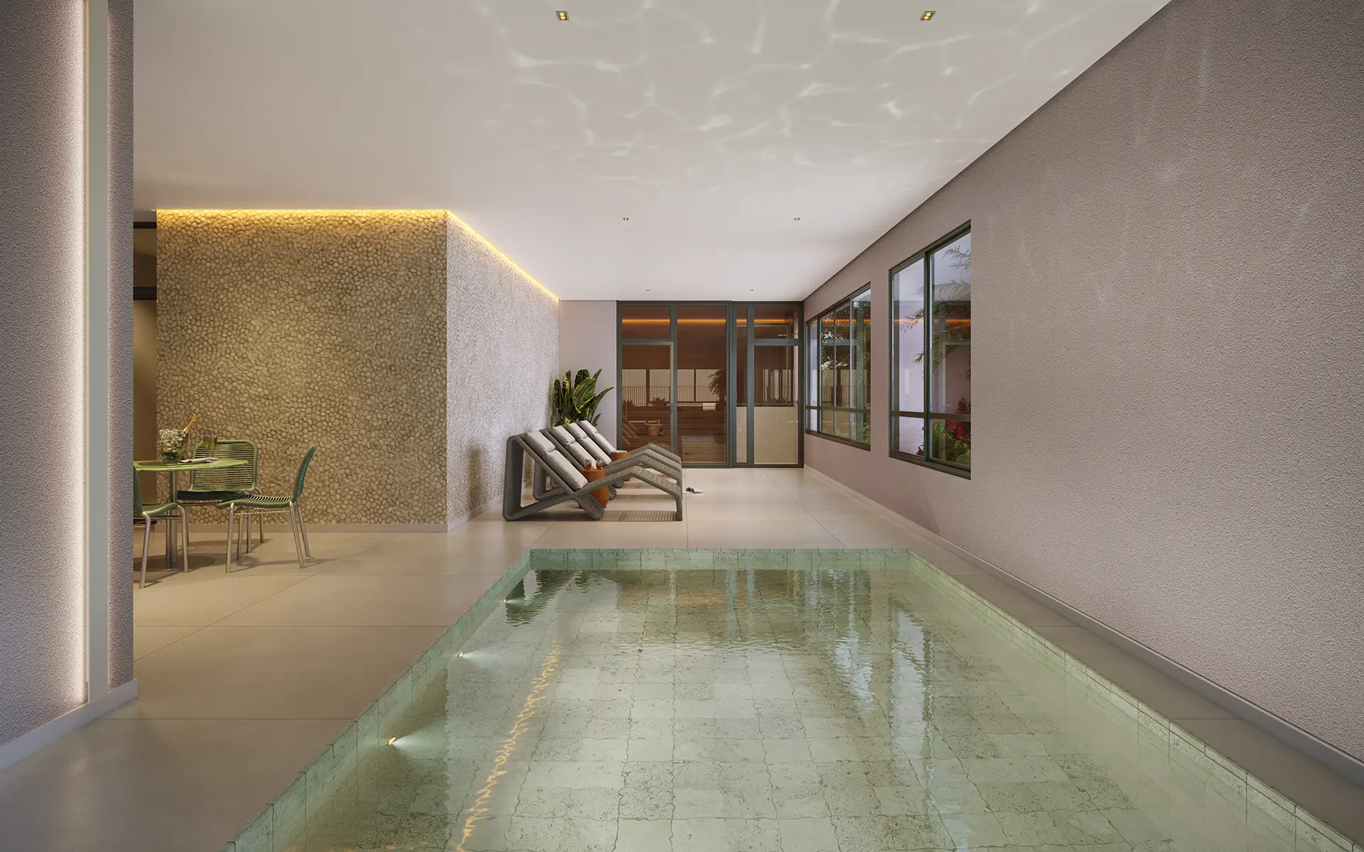 Perspectiva ilustrada da Piscina Coberta e Sauna